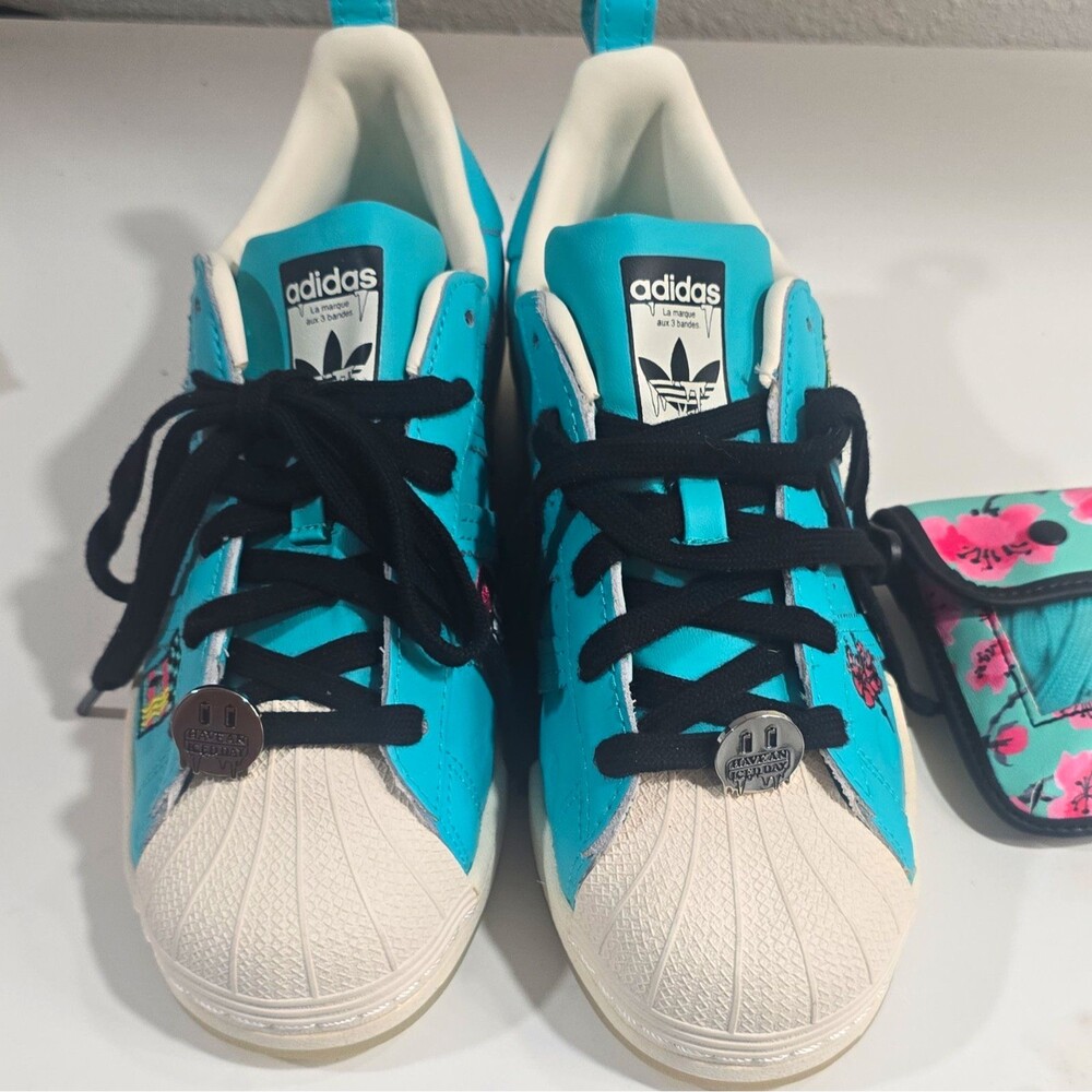 adidas Superstar x AriZona Low Top Athletic Sneakers Blue Floral Lace Up Pouch